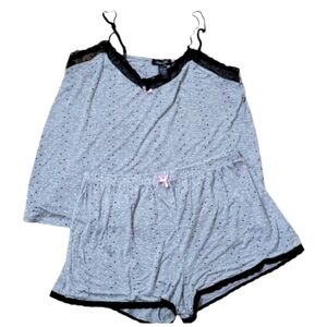 Rene Rofe 2 Piece Pajama Shorts Set Gray Black and Pink Polka-dot Lace Trim